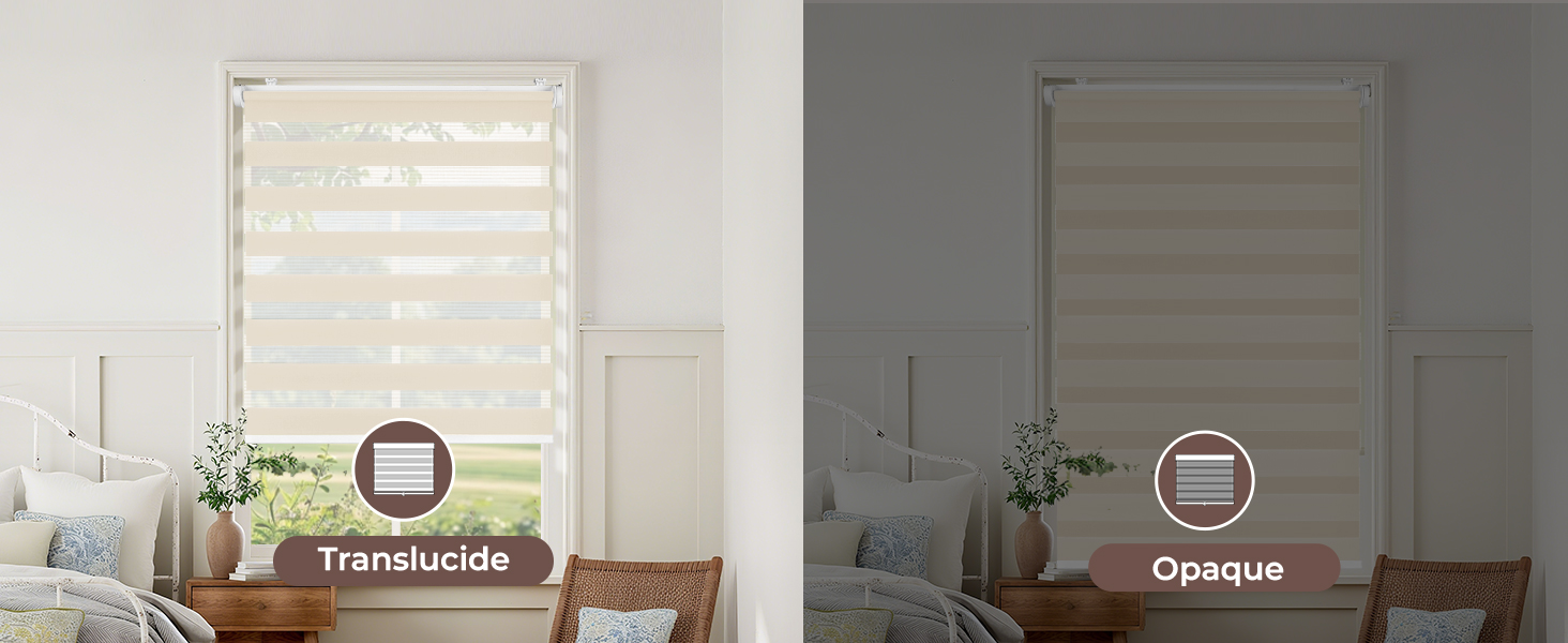 Le texte se lit comme suit : « Translúcido » et « Opaque ». Plans de l'intérieur de la pièce montrant des stores dans différents réglages d'opacité avec éclairage naturel.