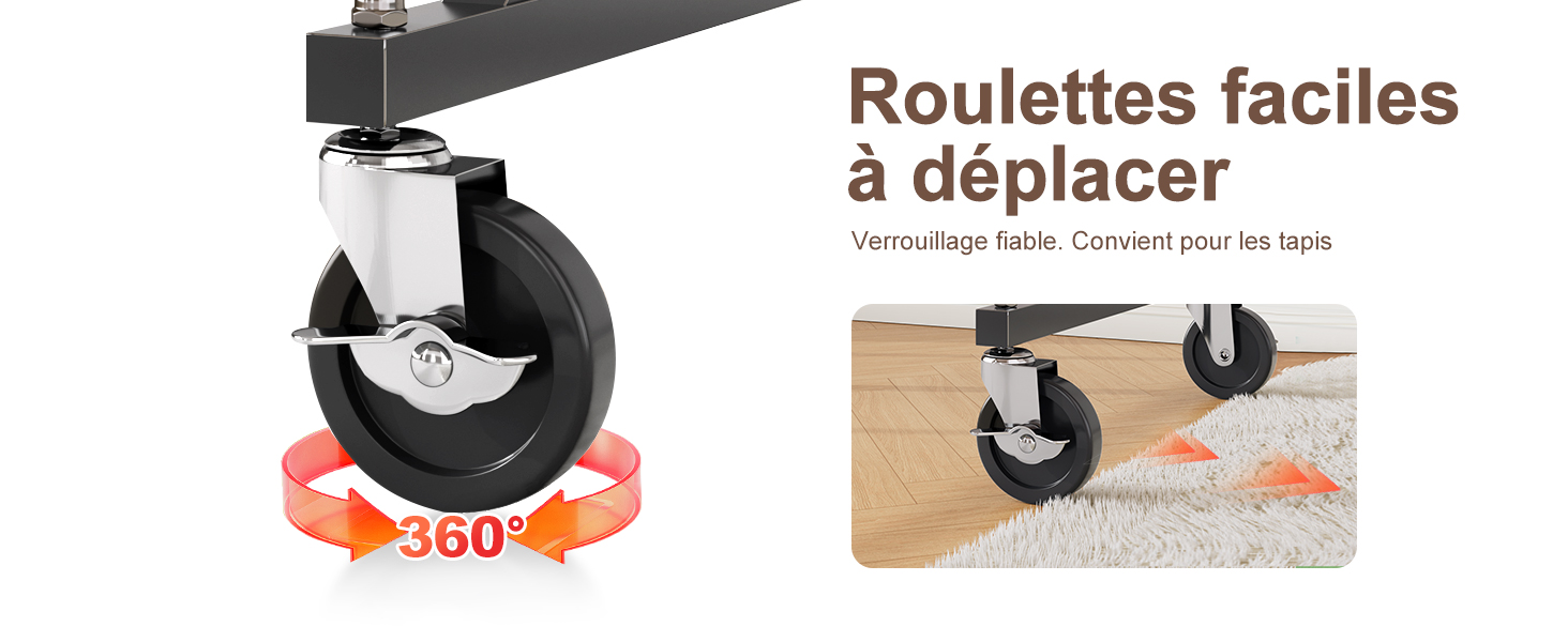 Le texte se lit comme suit : « Roulettes faciles à déplacer ». Schéma du produit montrant le mécanisme de rotation de la roue avec indicateur de mouvement à 360 degrés.