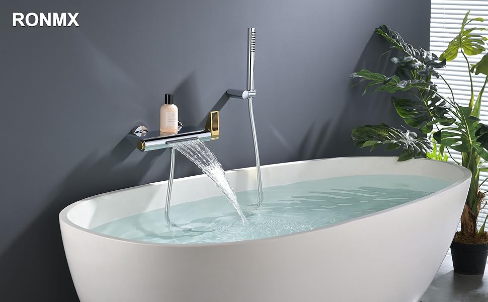 Le texte indique « RONIX ». Baignoire autoportante moderne avec robinet mural, montrant le débit d'eau dans plusieurs vues sur un mur sombre avec une plante.