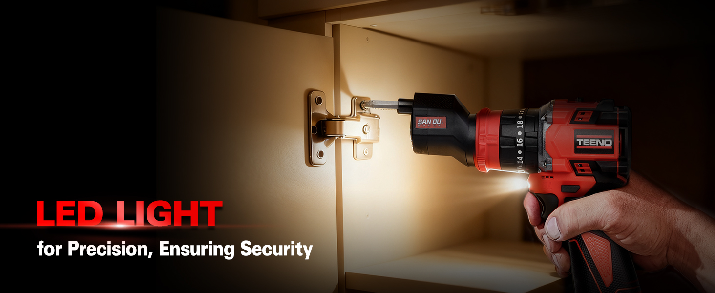 Il testo recita «LED LIGHT», «for Precision, Engaring Security». Fotografia scura del prodotto che mostra un dispositivo di sicurezza a LED illuminato.