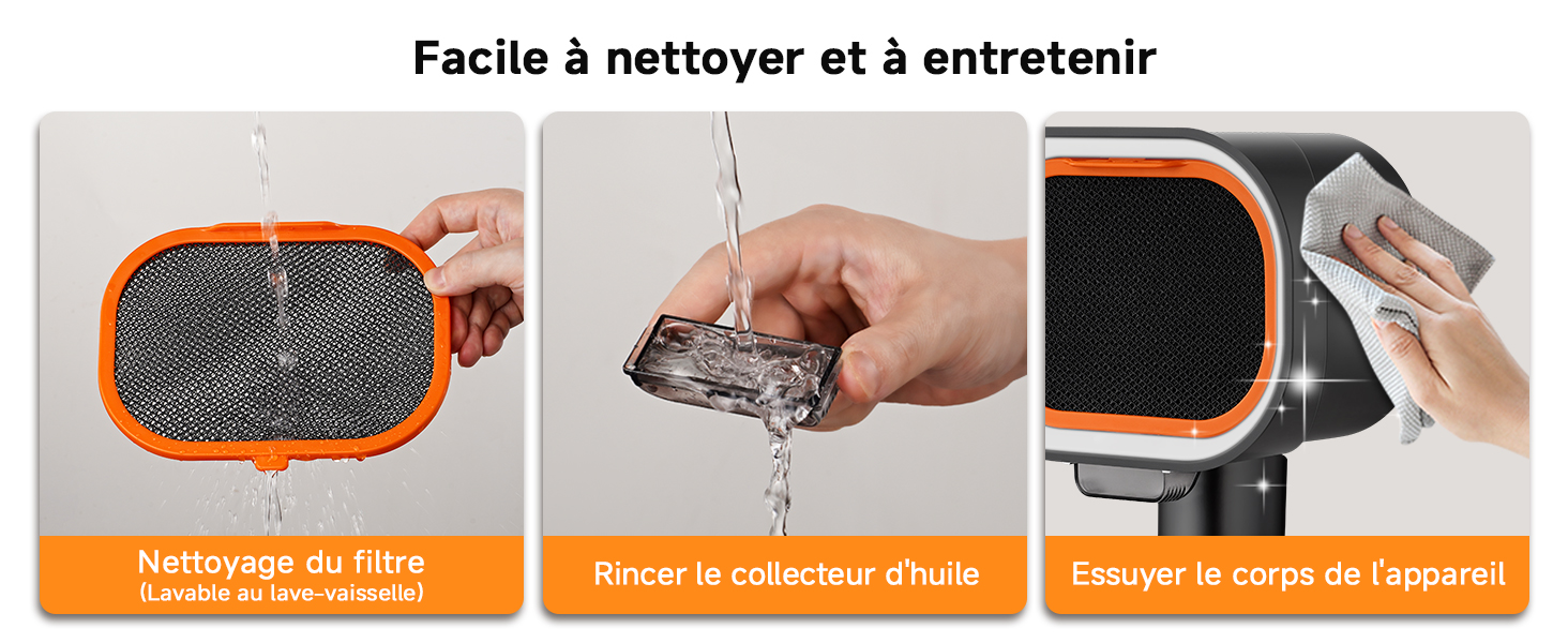 Le texte indique « Facile à nettoyer et à entretenir ». Panneaux d'instructions de nettoyage étape par étape montrant le processus de collecte de poussière et de maintenance des appareils électroniques.