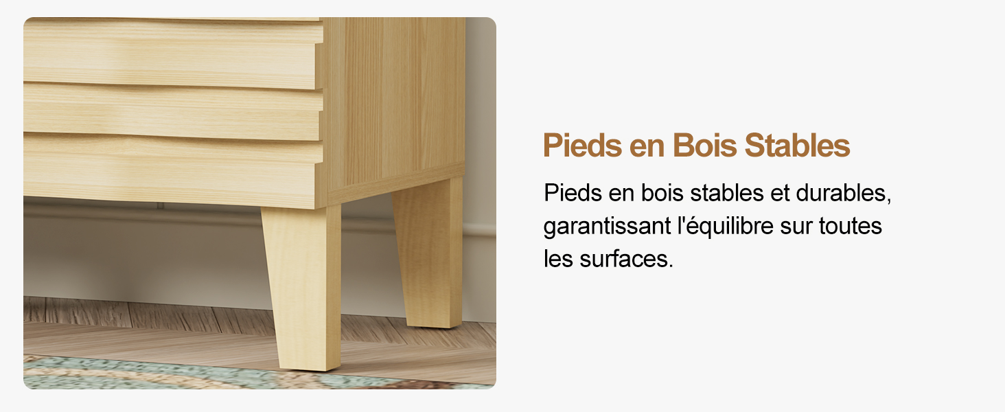 Le texte indique « Pieds en bois stables » et « Pieds en bois stables et durables, garantissant l'équilibre sur toutes les surfaces ». Montre des pieds ou des supports de meubles en bois.