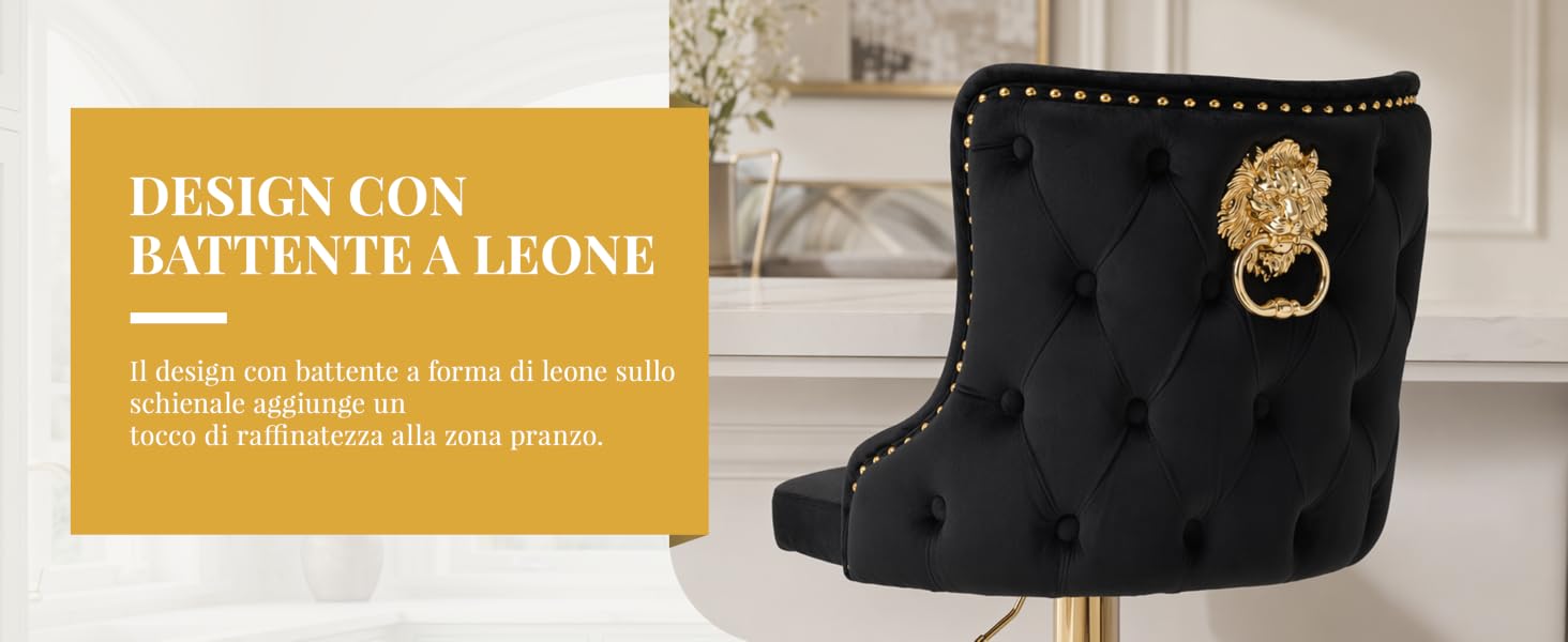 Il testo recita «DESIGN CON BATTESTE ALEONE» con testo descrittivo in italiano. Ornamento a forma di testa di leone dorato su sedia rivestita in velluto nero raffigurato in ambientazione domestica.