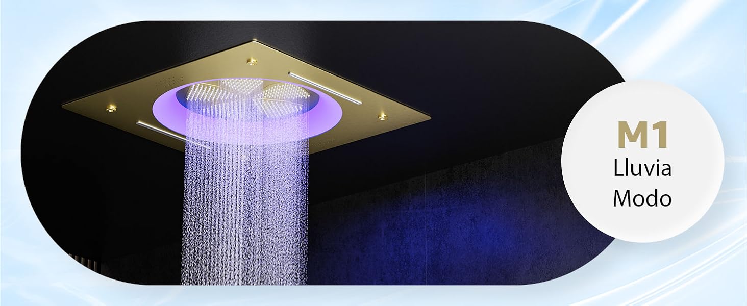 El texto dice «M1 Lluvia Modo». Vista duplicada del cabezal de ducha del techo con marco dorado e iluminación LED morada que muestra el patrón de una corriente de agua.