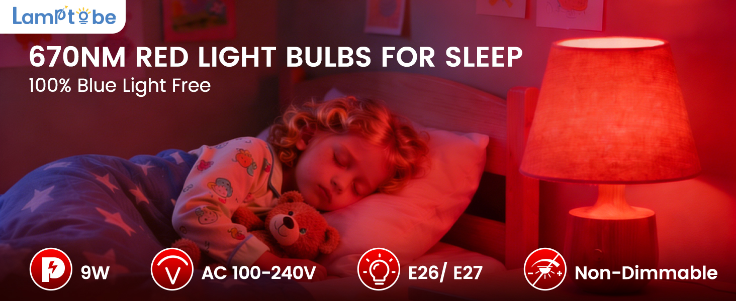 Text reads 'kepler37' and '670NM RED LIGHT BULBS FOR SLEEP' with '100% Blue Light Free'. Red bulb product specifications: 8W, AC 100-240V, E26/E27, Non-dimmable.