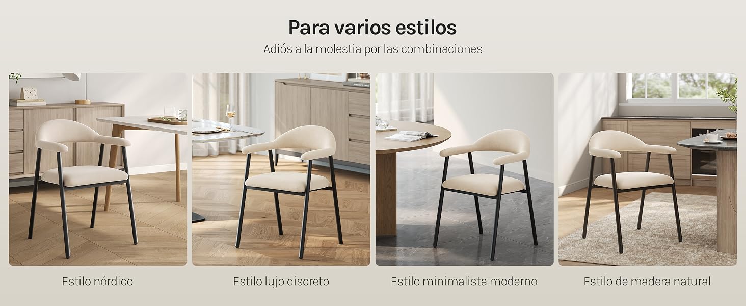 El texto dice «Para varios estilos» (Para varios estilos). Se muestran cuatro diseños de sillas: sillas de comedor de cuero marrón con patas de metal en diferentes configuraciones y estilos.