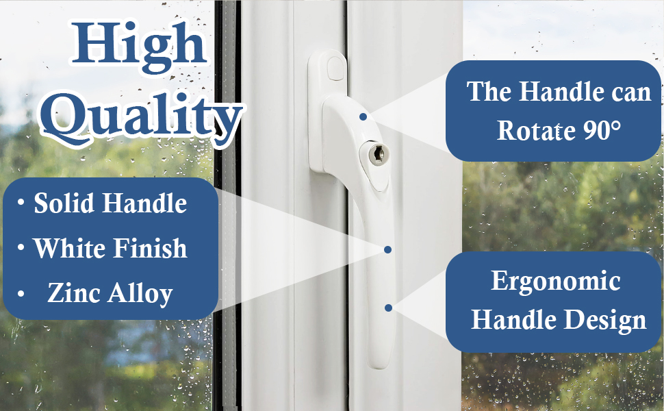Product specifications showing handle features including 90-degree rotation capability, solid handle with white finish, and zinc alloy construction.
