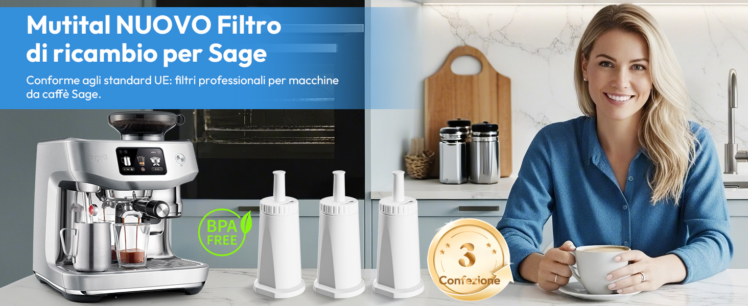 Il testo recita «Mutital NUOVO Filtro di ricambio per Sage». Angolo diverso dello stesso prodotto per macchina da caffè con componenti filtranti e simbolo di certificazione.