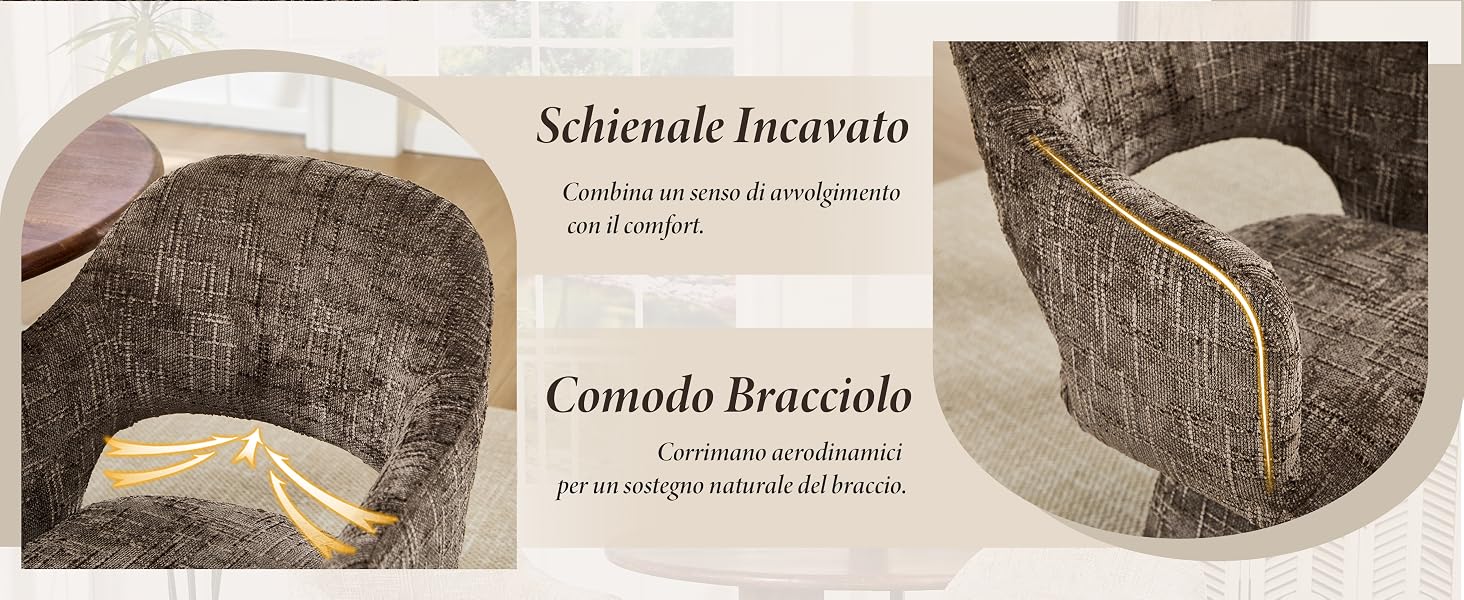 Il testo include «Schienale Inavrato» e «Comodo Bracciolo». Serie di immagini che mostrano i dettagli dei mobili imbottiti e le texture dei tessuti.
