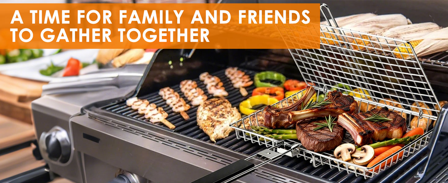 Text reads 'A TIME FOR FAMILY AND FRIENDS TO GATHER TOGETHER'. Image shows overhead view of grilled foods on black outdoor barbecue grill against bright background.