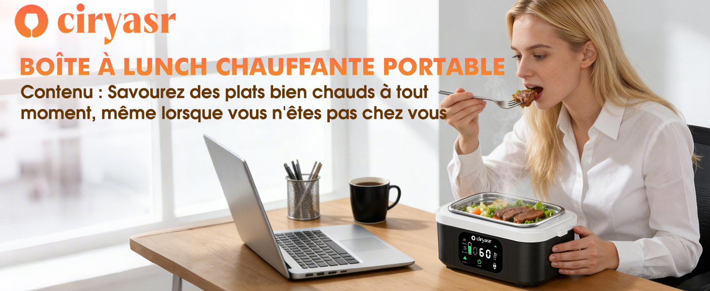 Le texte se lit comme suit : « ciryasr ». Série de photos promotionnelles montrant l'aménagement de la cuisine avec un ordinateur portable et une tasse à café, démontrant la planification des repas en ligne ou un service de recettes.