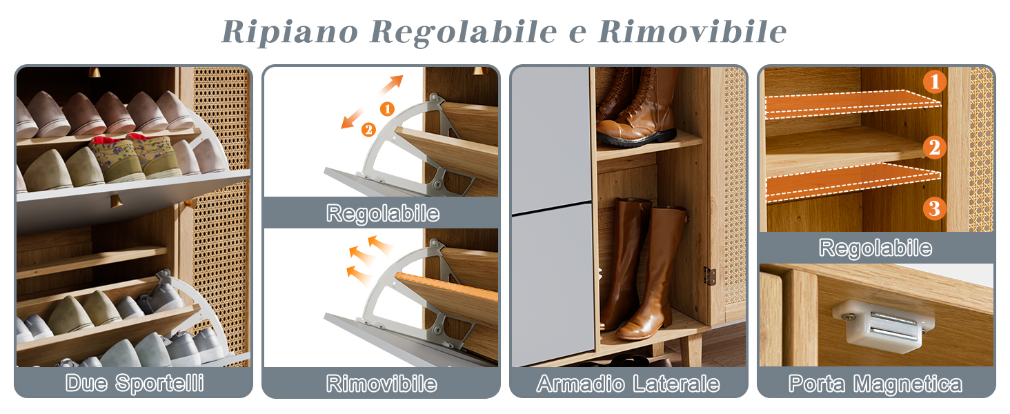 Il testo recita «Ripiano Regolabile e Rimovibile». Immagini multiple che mostrano il processo di installazione dello scaffale regolabile in quello che sembra essere un armadio o un'unità di archiviazione.