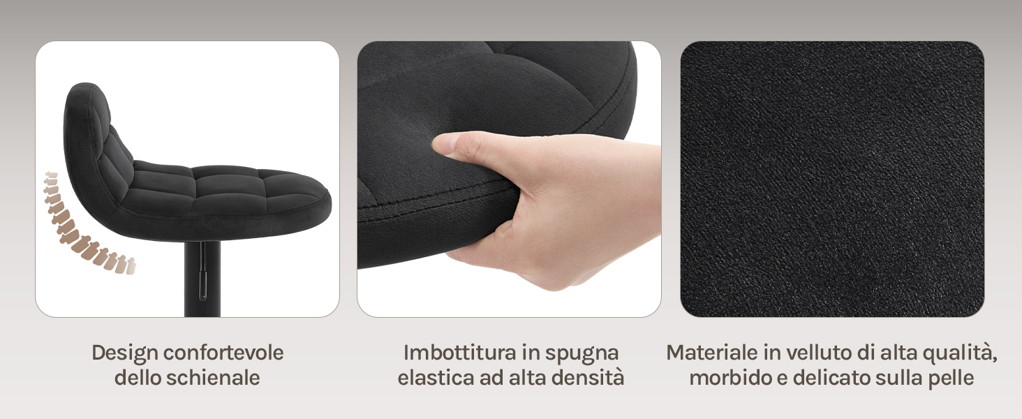 Sedia imbottita nera con design curvo, imbottitura in schiuma elastica e rivestimento in velluto di alta qualità. Tre pannelli mostrano il profilo del sedile, la morbidezza del cuscino e la trama del tessuto.