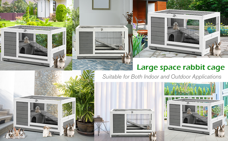 Der Text lautet „Large Space Rabbit Cage“. Mehrere Ansichten eines weißen Hasenstalls aus Holz mit Netzpaneelen und grauem Dach. Das Produkt wird im Garten im Freien aus verschiedenen Blickwinkeln gezeigt.