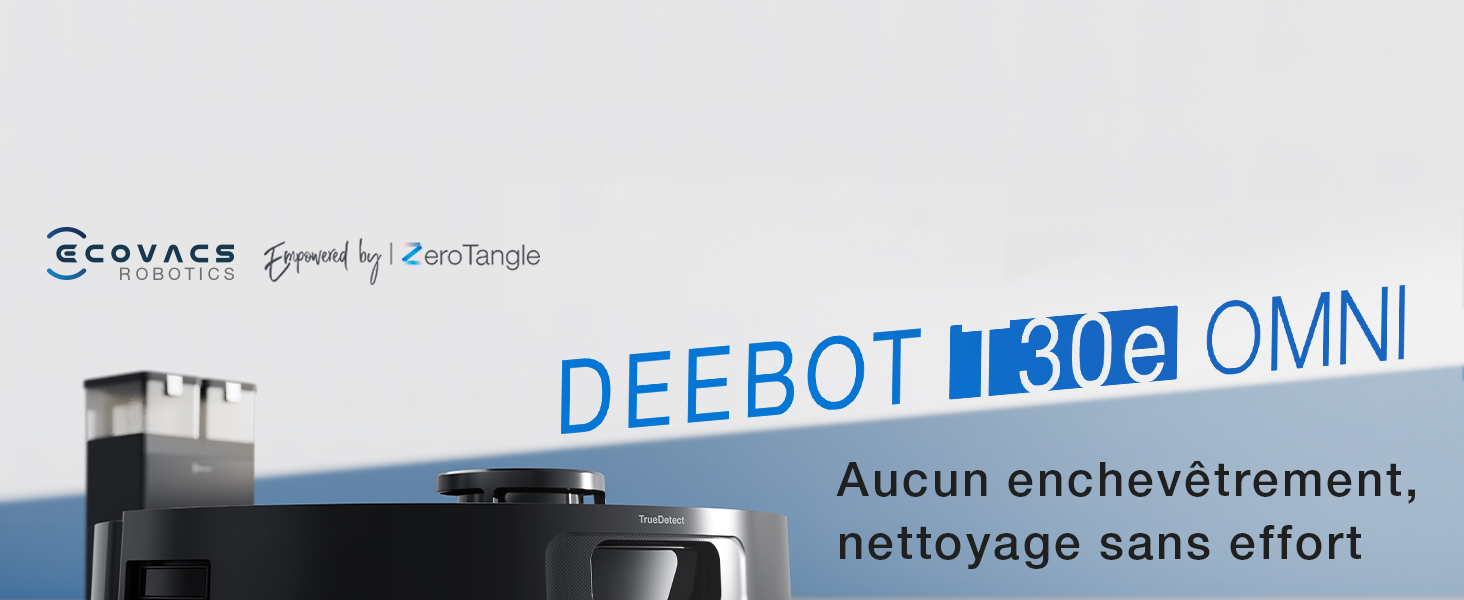 Le texte indique « Zessoa », « alimenté par ZessoaFlow », « DEEBOT N10 OMNI », « Aucun enchevetrement, nettoyage sans effort ». Le produit semble être une marque ou une publicité pour un aspirateur robotique avec une partie du logo visible.