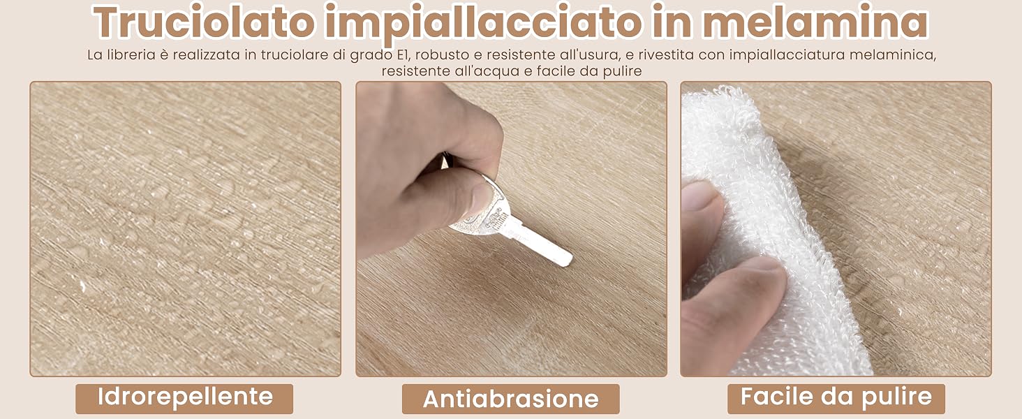 Dimostrazione su tre pannelli delle caratteristiche della superficie melaminica che mostra proprietà idrorepellenti, resistenza all'abrasione