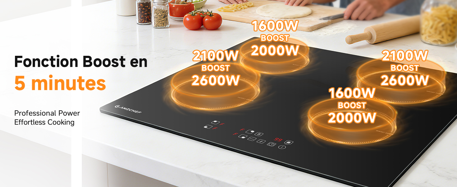 Le texte se lit comme suit : « Fonction Boost en 5 minutes », « 1800 W », « 2000 W », « 2500 W », « 1600 W », « 2600 W ». Table de cuisson à induction noire à brûleurs multiples affichant des réglages de puissance variables en watts lorsque la surface de cuisson est actionnée manuellement.