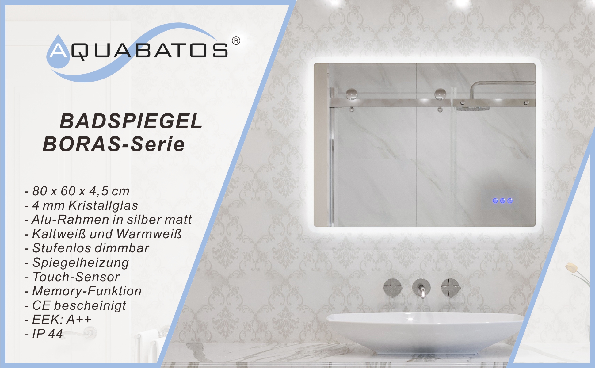 Badspiegel Beleuchtet LED Badezimmerspiegel 80x60cm BORAS Typ C