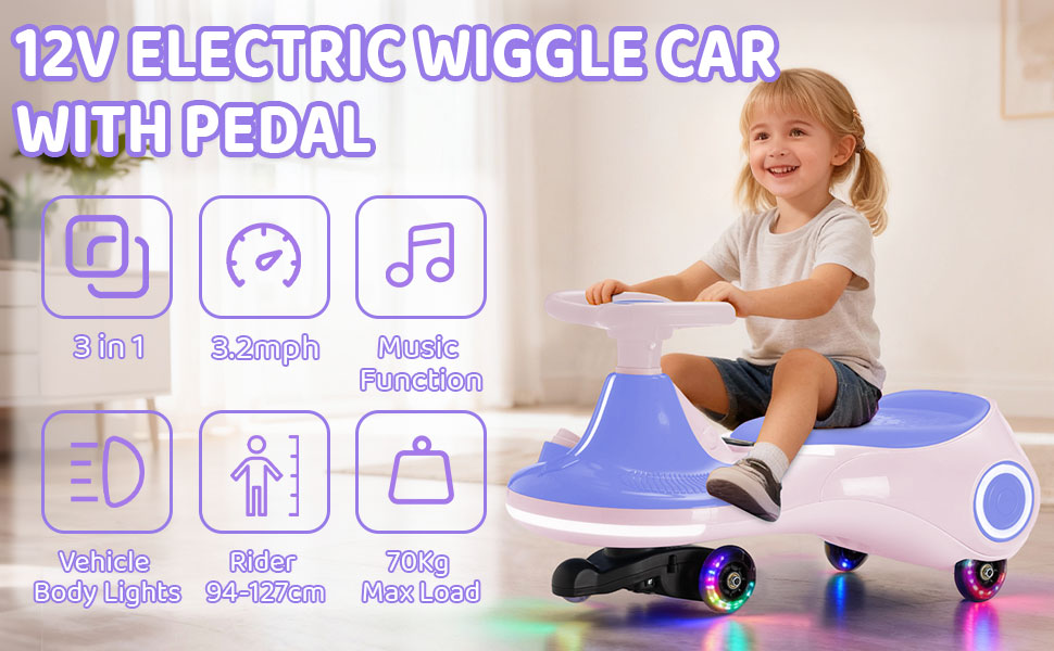 Text reads '12V ELECTRIC WIGGLE CAR WITH PEDAL' with icons for 'USB', 'Support', 'Music', 'Swing', 'Slide', 'Lights'. Child sitting on blue and purple electric wiggle car toy with LED wheels, featuring pedal control, music functionality, sliding seat, and swinging motion capabilities.