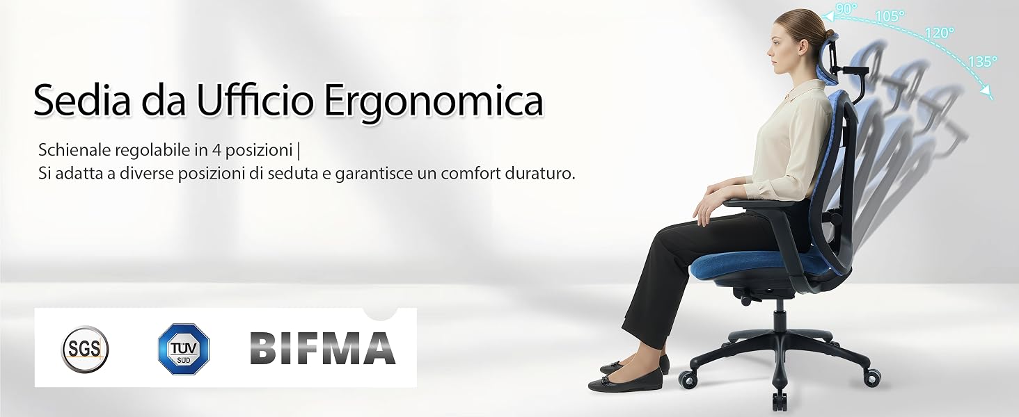 Il testo recita 'Sedia da Ufficio Ergonomica'. Immagine del prodotto della sedia da ufficio professionale che mostra le caratteristiche del design ergonomico.