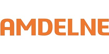 Großer orangefarbener Text mit dem Wort 'AMDELNE' auf weißem Hintergrund