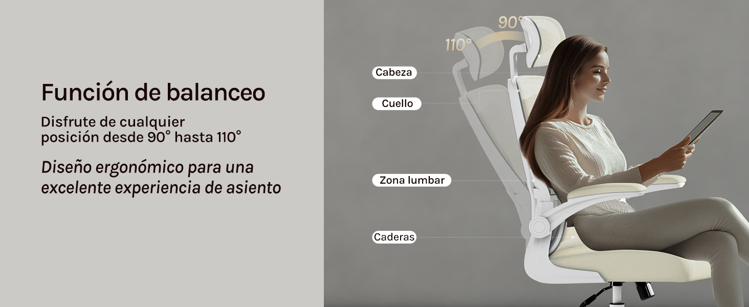 con función de reclinación de 90° a 110°. Las características incluyen reposacabezas, respaldo, soporte lumbar y cojín de asiento. Se muestra a una mujer usando una silla mientras sostiene