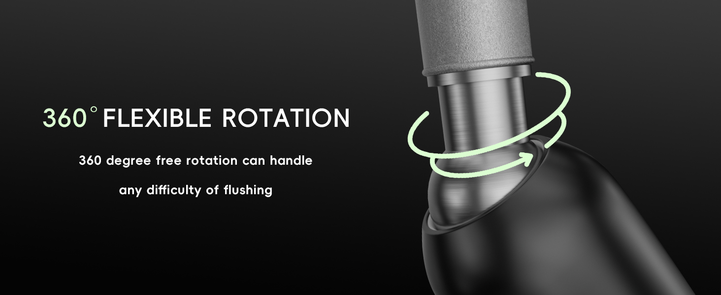 Close-up of a metallic device with flexible shaft. Text overlay reads '360° FLEXIBLE ROTATION' with arrow indicating rotational movement.