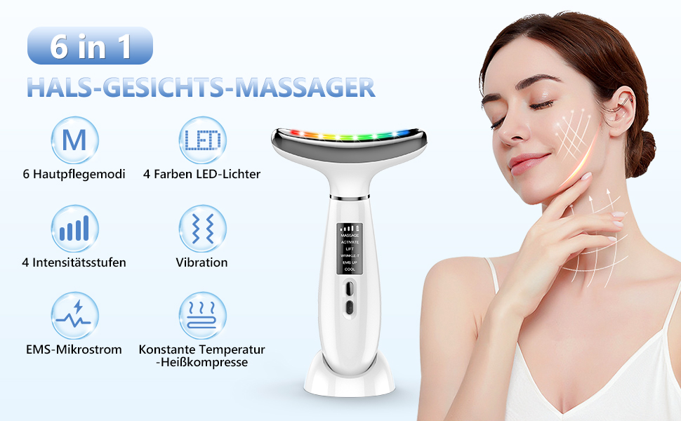 6-in-1-Gesichtsmassagegerät mit LED-Leuchten, mehreren Intensitätsstufen, Vibration, EMS-Mikrostrom und konstanter Temperatur. Zu den Funktionen gehören 6 Modi und 4 LED-Farben