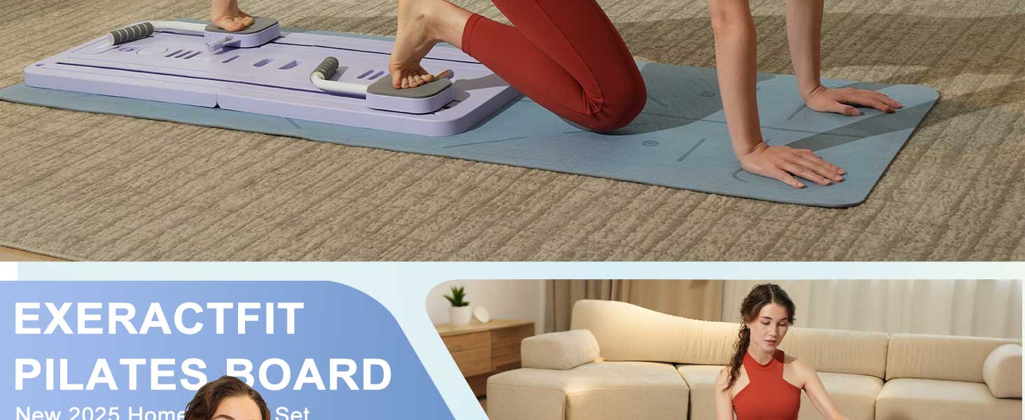 Der Text lautet « EXERAOFIT PILATES BOARD ». Eine Reihe von Übungsdemonstrationen auf einem blauen Fitnessboard oder einer Matte auf weißem Hintergrund.