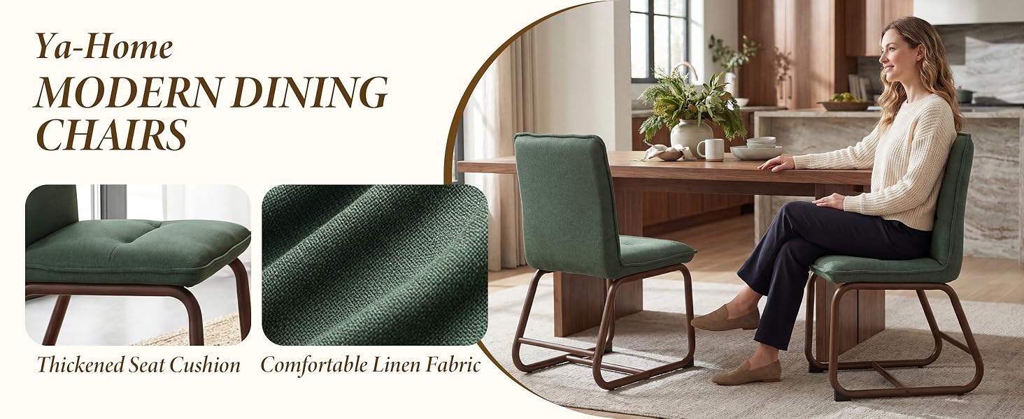 Text reads 'Yu-Home MODERN DINING CHAIRS' and 'Thickened Seat Cushion Comfortable Linen Fabric'. Shows dark green upholstered dining chairs with curved metal base.