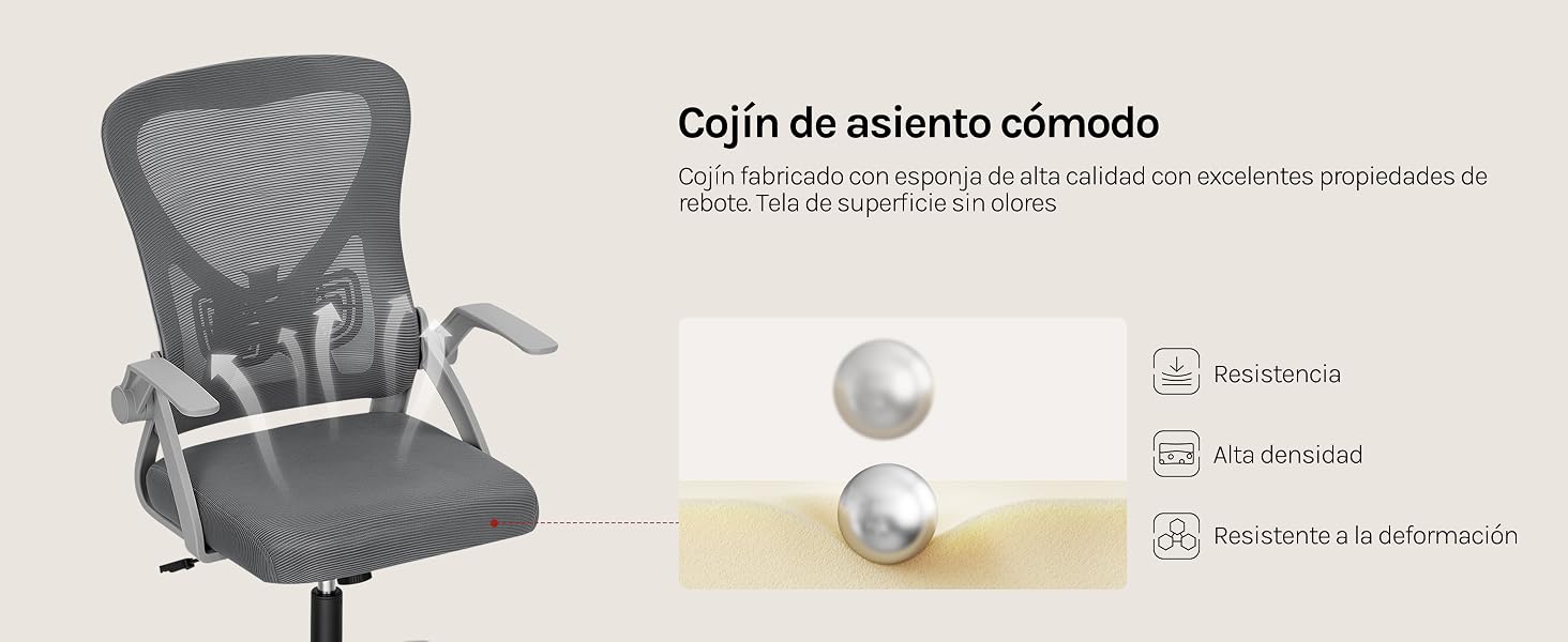 El texto dice «Cojín de asiento dómótico» con la descripción del producto en español. Cojín ergonómico gris para respaldo de silla de oficina con diseño de malla, que se muestra con un pequeño ejemplo de cojín de color beige y tres iconos decorativos.