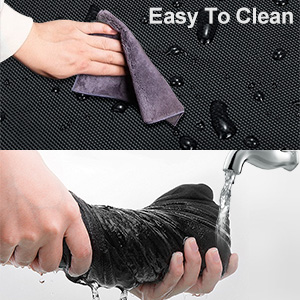 Two-panel image showing water-resistant fabric. Top: Hand wiping dark textured surface. Bottom: Water being poured over a bunched dark fabric.