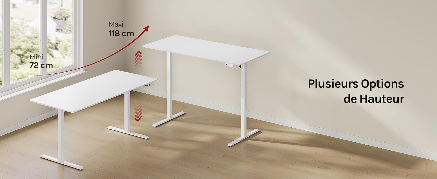 Le texte indique « Plateau Options » et « en l'hauteur ». Bureau ou table blanc minimaliste avec une étagère ou un meuble de rangement en bois naturel en dessous, positionné contre une fenêtre lumineuse laissant la lumière naturelle visible.