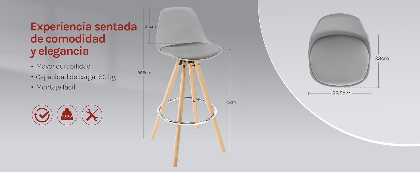 Taburete de bar moderno gris con patas de madera y reposapiés de metal. Cuenta con un asiento y respaldo tipo cubo para mayor comodidad. Se muestra con las dimensiones del producto y
