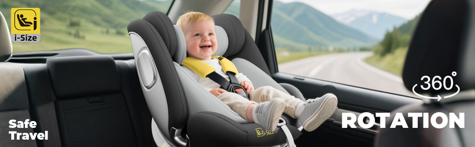 El texto dice «ROTACIÓN», «Seguro», «Viaje». Secuencia de marketing que muestra la función de rotación de los asientos del automóvil para facilitar el acceso y la seguridad de los niños.