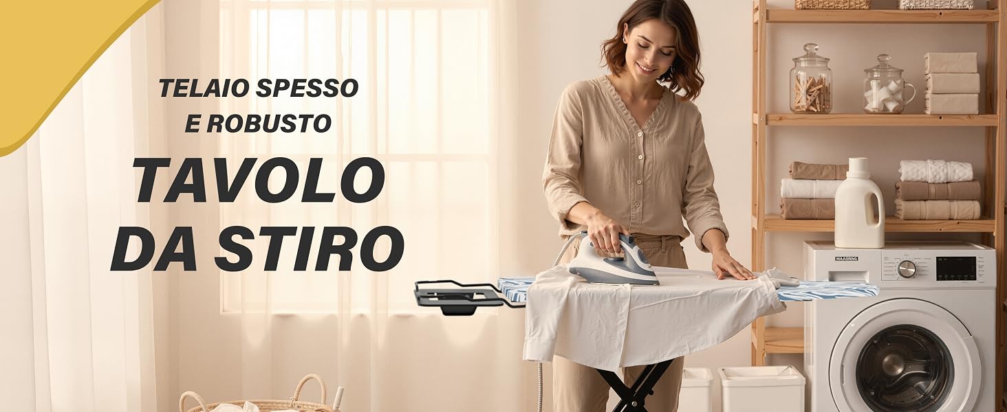 Il testo recita «TAGLIOS DA STIRO». Serie di immagini che mostrano le attrezzature per stirare o stirare in quello che sembra essere un ambiente di lavanderia o cura degli indumenti.