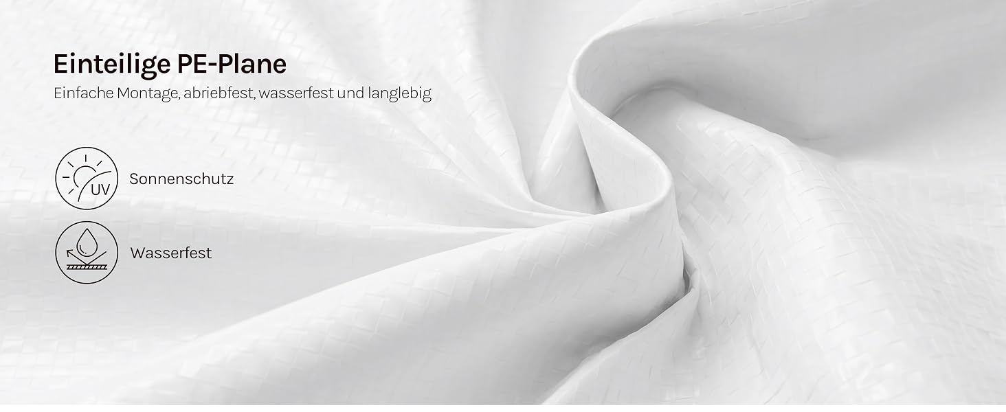 Der Text lautet „Einlägige PC-Plane“ und „Wasserdicht“ und „Rutsch-Gel“. Weiße, gebogene PC-Plane-Materialplatte mit wasserdichten und rutschfesten Eigenschaften.
