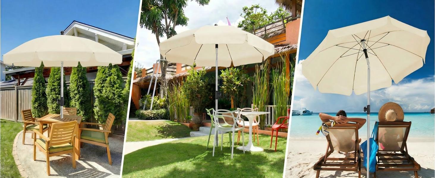 Collage of outdoor beach and garden scenes featuring white canvas umbrellas providing shade over lounge chairs, set against tropical and landscaped backgrounds.