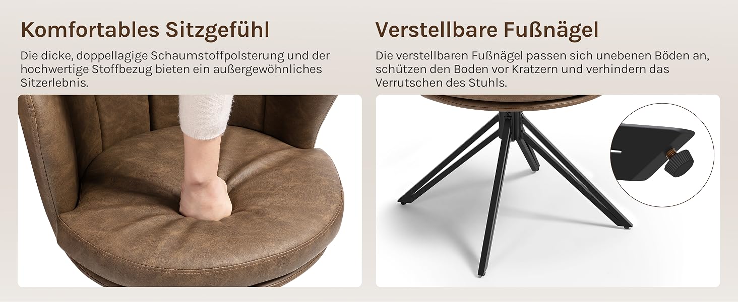Der Text lautet „Komfortables Sitzgefühl“ und „Verstellbare Fußbügel“. Produktvorführung, die die verstellbare Fußstütze und die Komfortmerkmale eines Möbelstücks zeigt.