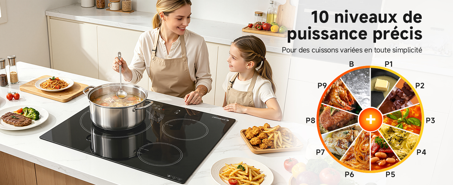 Le texte se lit comme suit : « au niveau de puissance précis ». Démonstration d'une table de cuisson à induction avec cuisine familiale, montrant un tableau des niveaux de puissance avec des réglages numériques allant des réglages d'intensité de chaleur faible à élevée.