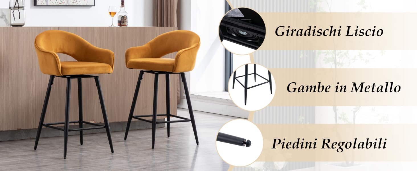 Due sgabelli da bar imbottiti giallo senape con schienali curvi e gambe in metallo nero. Le caratteristiche includono sedili girevoli, piedini regolabili e un design moderno adatto per
