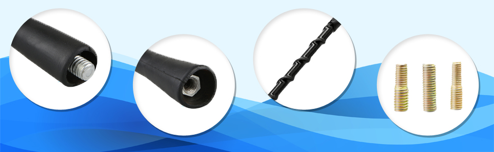 Four circular images showing components of a hair styling tool: a black cylindrical barrel, a detachable tip, a spiral-shaped attachment, and three gold-colored brush heads.