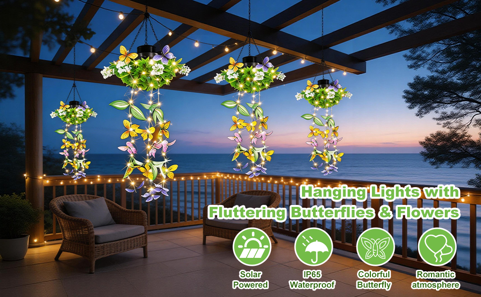 Outdoor evening scene with illuminated hanging string lights and foliage decoration over seating area. Text elements present but not fully legible in image quality provided.