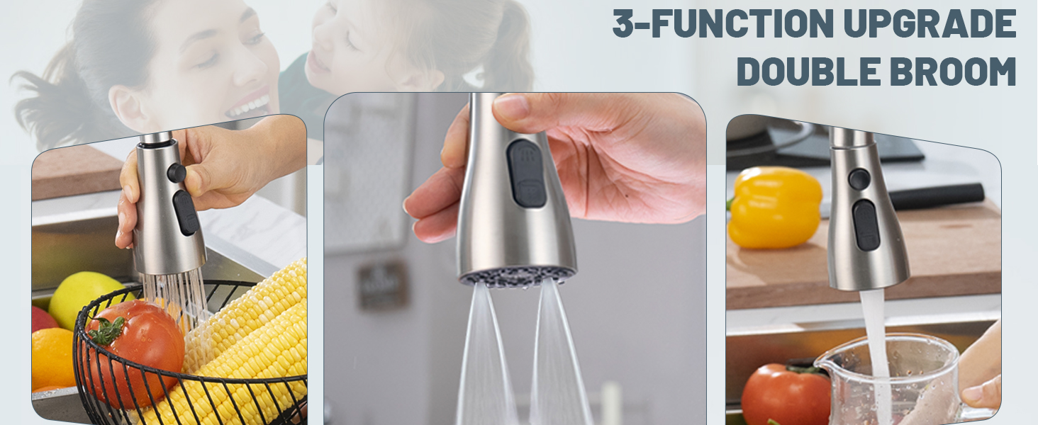 Three-panel image showing a stainless steel spray bottle with multiple functions: vegetable spraying, misting, and liquid dispensing. Features brushed metal finish and ergonomic design.
