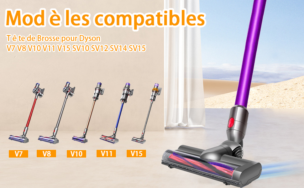 montrant les différents modèles d'accessoires étiquetés V7 à V15, avec un aspirateur sans fil violet visible