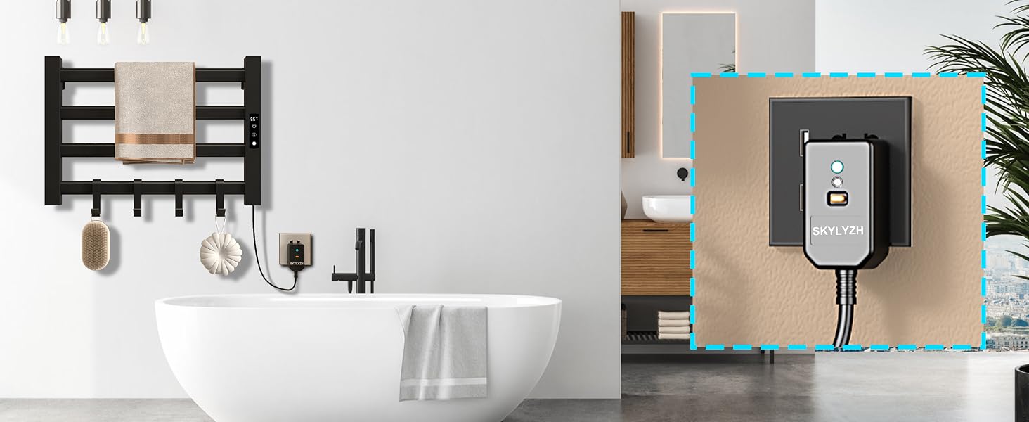 Modernes Badezimmer mit freistehender Badewanne und wandmontiertem Elektrogerät, wahrscheinlich ein Warmwasserbereiter oder Thermostat,
