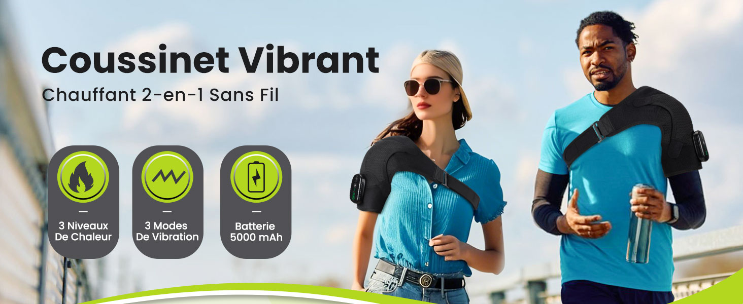 Cuscinetto vibrante, 2 in 1 wireless. Include 3 livelli di calore, 3 modalità di vibrazione e una batteria da 5000 mAh. Due persone che indossano abiti blu le magliette presentano il prodotto sulle spalle.