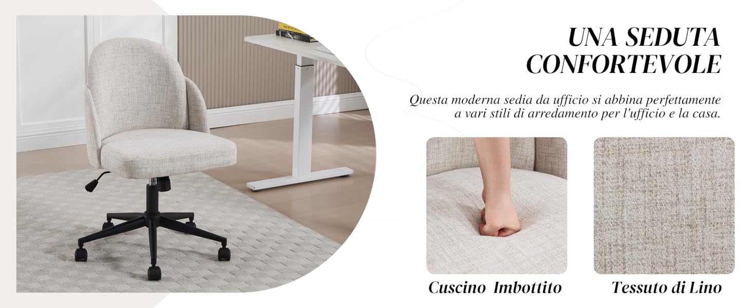 Il testo recita «UNA SEDUTA CONFORTEVOLE». Immagini del prodotto con sedia da ufficio o da scrivania che mostrano diverse angolazioni e caratteristiche in un ambiente neutro.