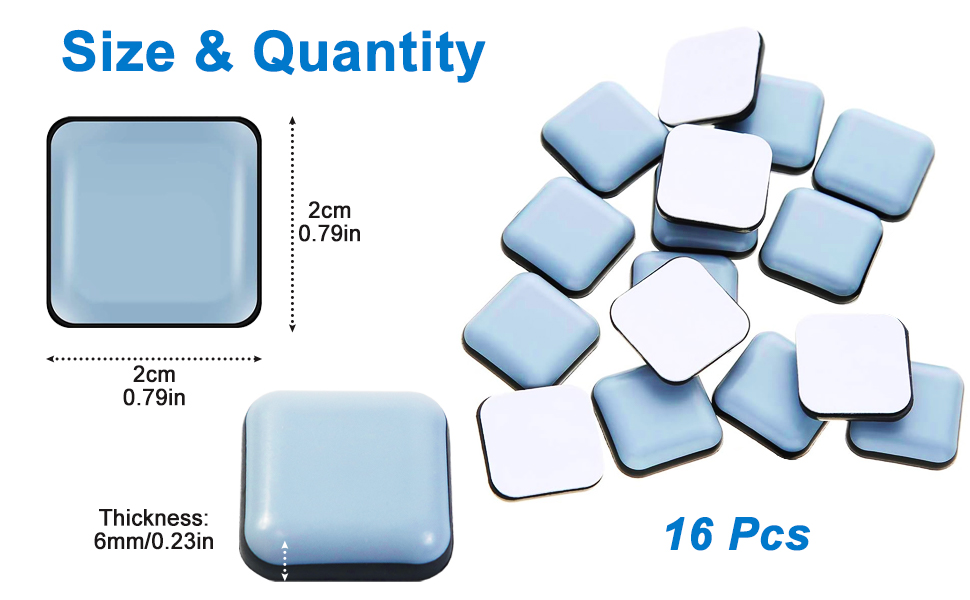 Set of 16 square adhesive pads in light blue color, each measuring 2cm with 2.3mm thickness, shown individually and grouped together.