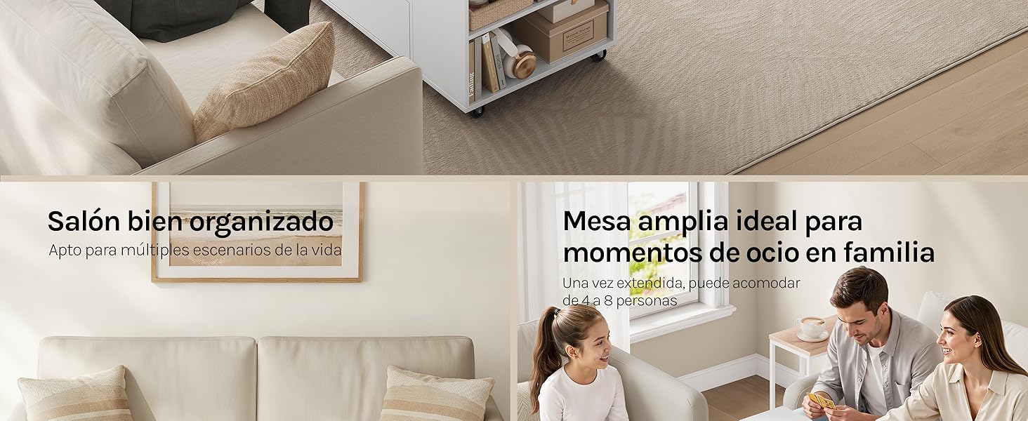 El texto dice «Salón bien organizado» y «Mesa amplia ideal para momentos de ocio en familia». Compuesto que muestra una sala de estar organizada con cestas de almacenamiento, estanterías y la familia reunida en la mesa del comedor en un espacio luminoso y de tonos neutros.